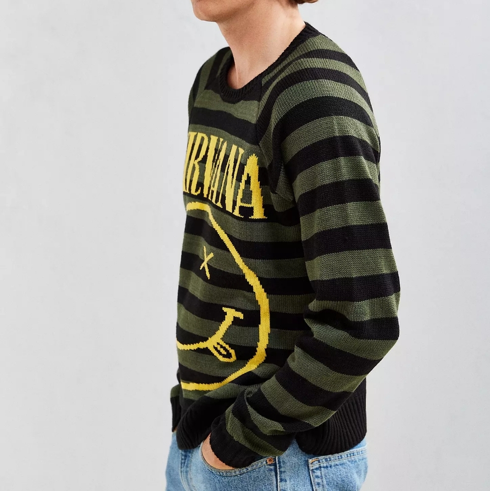Nirvana 90s Smiley Striped Sweater in Black and Green - Picture 3 of 6